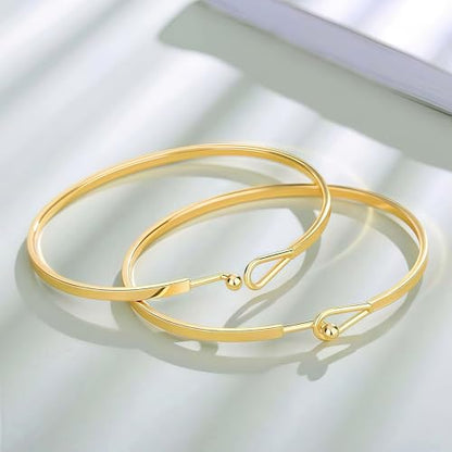 18K Gold Plated Bar Cuff Bracelet – Dainty Thin Minimalist Hook Bangle for Women