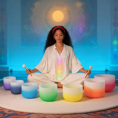 RYAN DVAN 432hz 6-12 Inch Set of 7 Pcs Gradient Design Quartz Crystal Singing Bowl Chakra Set Sound Therapy for Yoga, Reiki, Chakra Healing Energy Tuning & Mindfulness Kit