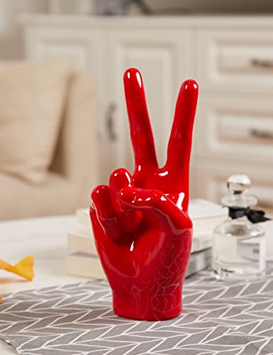 Victory Gesture Hand Statue Sculpture Modern Home Decor Table Centerpiece Art Figurine Gift for Bookshelf Desktop Office Red 11 Inch