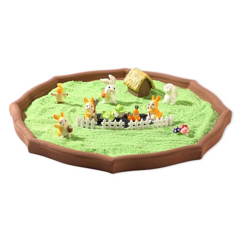 Zen Garden Kit - Bunny Cottage & Vibrant Green Sand Tray with 17 Mini Figurines, Wooden Octagon Tray for Easter Gifts, Spring Home Decor, Stress Relief & Mindfulness for Easter Gifts - color: Green and Yellow