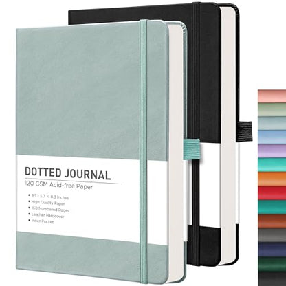 RETTACY Dotted Journal Notebook, 2-Pack, 160 Numbered Pages per Pack, A5 Medium Size (5.7'' x 8.3''), 120 GSM Thick Paper, Leather Hardcover, for Journaling, Planning, Tracking (Black & Blue-gray) - color: Black & Blue-gray, style: Dotted