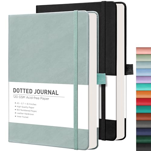 RETTACY Dotted Journal Notebook, 2-Pack, 160 Numbered Pages per Pack, A5 Medium Size (5.7'' x 8.3''), 120 GSM Thick Paper, Leather Hardcover, for Journaling, Planning, Tracking (Black & Blue-gray) - color: Black & Blue-gray, style: Dotted
