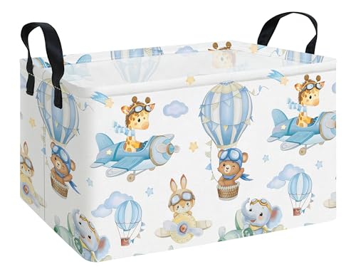Rectangle Canvas Storage Basket Foldable Waterproof Toy Organizer Bin with Handles Fabric Collapsible Storage Bins for Shelves Kids Room Playroom Nursery Clothes and Pet Supplies(REC-Airplane Animal) - color: REC-Airplane Animal