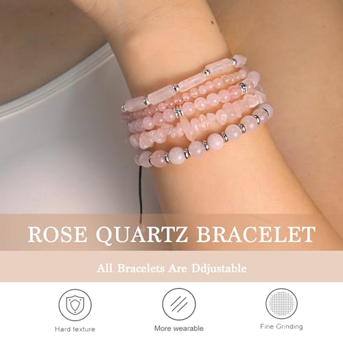 5Pcs Healing Crystal Bracelet for Women Men, Handmade Adjustable Gemstone Bracelets Beaded Reiki Energ Bracelet Set Jewelry Gifts for Women Men - color: Rose Quartz