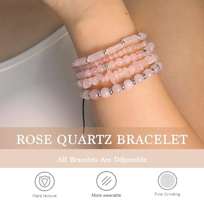 5Pcs Healing Crystal Bracelet for Women Men, Handmade Adjustable Gemstone Bracelets Beaded Reiki Energ Bracelet Set Jewelry Gifts for Women Men - color: Rose Quartz