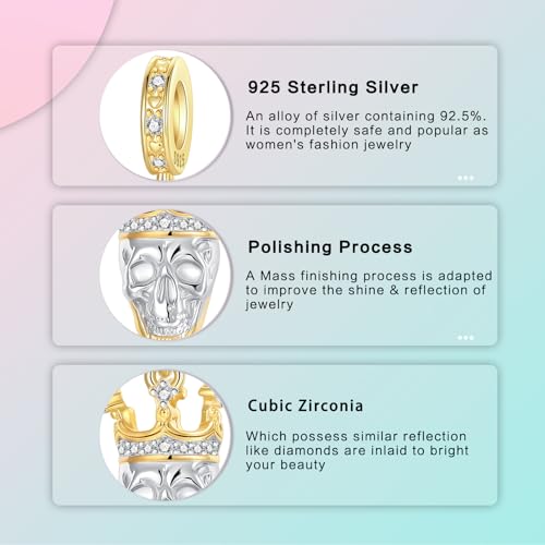 Prayer Cross Elephant Airplane Suitcase Charm 925 Sterling Silver Charms fits for Bracelets Necklace Pendant Bead Charms Jewelry Gift for Women Family - color: Golden Crown Skull Charm
