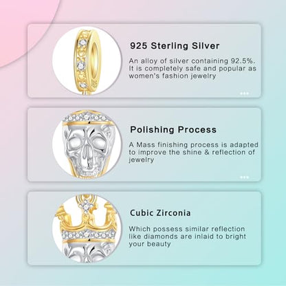 Prayer Cross Elephant Airplane Suitcase Charm 925 Sterling Silver Charms fits for Bracelets Necklace Pendant Bead Charms Jewelry Gift for Women Family - color: Golden Crown Skull Charm