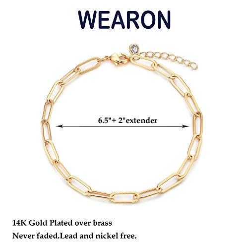 WEARON Gold Bracelet for Women 14K Gold Plated Snake Herringbone Figaro Cuban Bead Paperclip Cable Box Chain Simple Jewelry - style: Oval Chain