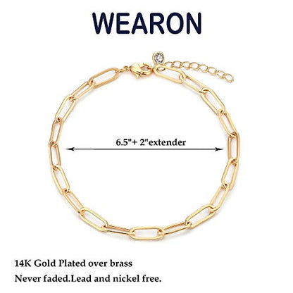 WEARON Gold Bracelet for Women 14K Gold Plated Snake Herringbone Figaro Cuban Bead Paperclip Cable Box Chain Simple Jewelry - style: Oval Chain