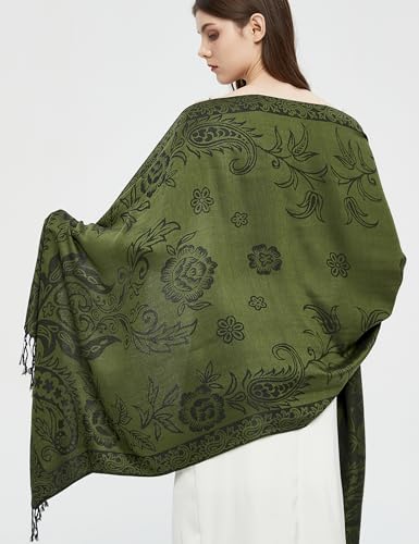 Pashmina Shawl Wrap with Ethnic Paisley Two Tone Jacquard Scarf for Women - color: Paisley-green