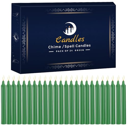 24 Pack Green Spell Chime Candles – Premium Mini Unscented Taper Candles for Rituals, Prayer, Meditation, Altar, Spells – 4" Tall – Ideal for Witches & Spiritual Practices - color: Green
