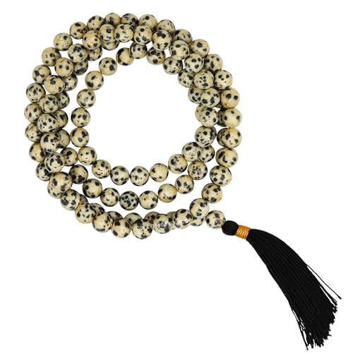 Amazing Gemstone Japa Mala 108 Prayer Beads Necklace and Wrist Mala Bracelet for Meditation - color: Dalmatian Jasper, size: Without Knots