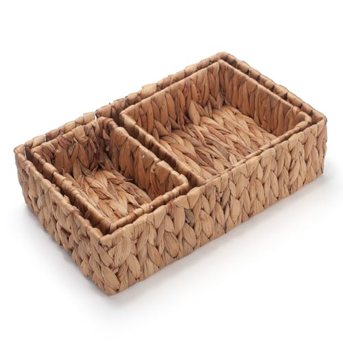 Water Hyacinth Rectangular Storage Basket for Organizing Natural Wicker Baskets for Shelves Pantry Bathroom Set of 3