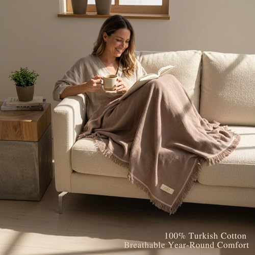 Odin Waffle Throw Blanket with Tassels, 50x66 Inch, 100% Turkish Cotton, Oeko-TEX Certified, Breathable Lightweight Throw for Couch, Sofa & Bed, Made in Turkey, Sand - color: Sand