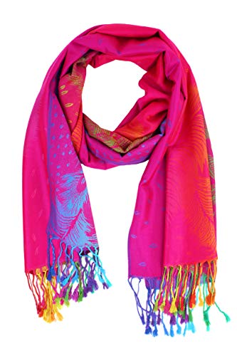 PASKMLNA Double Side Multi Colors Silky Tropical Colorful Exotic Pashmina Wrap Shawl Scarf Rave - color: 050-hotpink Multi Feathers