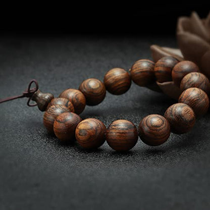 15mm Wooden Bead Bracelet, Buddhist Prayer Bead Bracelet, Handmade Wooden Bead Bracelet, Tiger Skin Sandalwood Bead Bracelet, 15 Bead Hand Served Bead Bracelet for Women Men