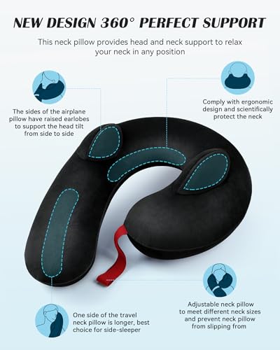 Patented Design Inflatable Travel Neck Pillow – Airplane Neck Pillow with 360° Head & Neck Support, Soft Washable Velvet Cover, Compact Neck Support Pillow for Airplane,Train,Car,Office & Home (Black) - color: Black
