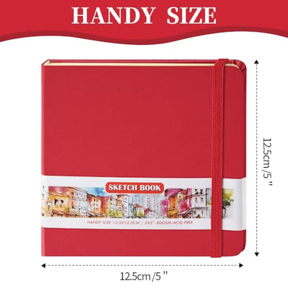 E-WEICHEN Square 5x5 inches 80gsm 96sheets/192 Pages Notebooks Blank Sketchbooks Travel Journal Pocket Hardcover Paint Writing Diary Memo Planner PU Leather Cover. Red - color: PU Cover-5x5in-Red