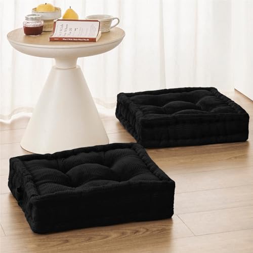 Wellsin Square Floor Pillows for Adults Kids - Meditation Floor Pillow Seating Cushion - Tufted Floor Cushion with Shredded Foam & Velvet Cover, 2 Pack, 20x20 Inch, Black - color: Black, size: 2 Pack (20"x20")