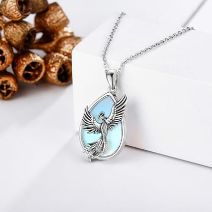 Sterling Silver Cute Animal Pendant Necklace Fox/Snake/Unicorn/Owl on Moon/Rabbit/Horse Necklace Jewelry for Women Mom Sister - style: Phoenix-Moonstone