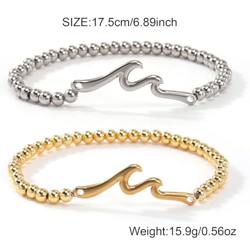 Wave Bar Stainless Steel Bead Bracelets Set, Gold and Silver Tone Stretch Minimalist Jewelry for Women and Men