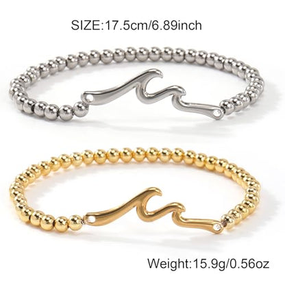 Wave Bar Stainless Steel Bead Bracelets Set, Gold and Silver Tone Stretch Minimalist Jewelry for Women and Men