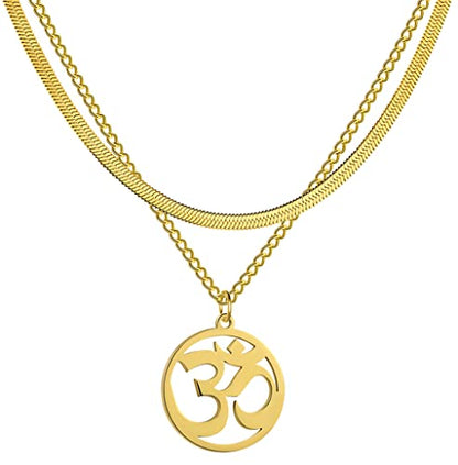 UNIFT Necklace For Women- Aum Om Ohm Sanskrit Symbol Round Pendant Beaded Double Layer Chain Charm Necklace,Hinduism Yoga Sanskrit Personalized Amulet Dainty Pendant Necklace Jewelry - color: snake bone chain - gold