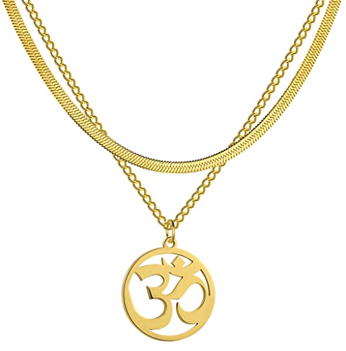 UNIFT Necklace For Women- Aum Om Ohm Sanskrit Symbol Round Pendant Beaded Double Layer Chain Charm Necklace,Hinduism Yoga Sanskrit Personalized Amulet Dainty Pendant Necklace Jewelry - color: snake bone chain - gold