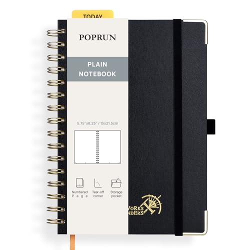 POPRUN Blank Spiral Journal Notebook, A5 Hardcover Sketch Books, 141 Pages Unlined Journals for Women Men, 120 GSM Plain Notebooks for Sketching, Drawing, Painting, 5.75'' x 8.25'', Black - color: Black, style: Plain