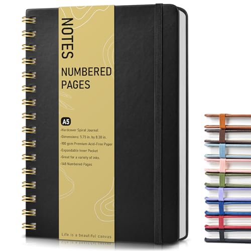 Lined Spiral Journal Notebook, A5 Hardcover Spiral Journals for Women Men, 150 Numbered Pages Spiral Bound Notebook, 100 GSM College Ruled Notebooks for Writing Note Taking Working 5.75" x 8.38" Black - color: Black, size: Line