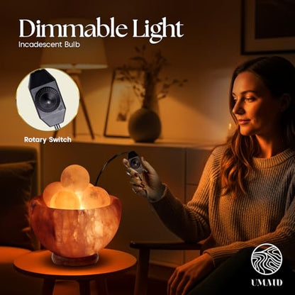 UMAID Himalayan Salt Lamp Bowl with 6 Himalayan Salt Massage Stones, Dimmable Pink Rock Salt Lamp for Bedroom, Office Desk & Meditation Room, Spa Decor, Relaxation Home Decor Gifts for Men & Women - style: Massage Bowl