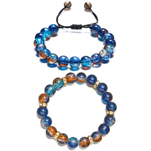 LANG XUAN Beaded Stretch Bracelets for Women Men Healing Crystal Stone Bracelet Bead Adjustable Unisex Gemstones Bracelets 10MM Weave Jewelry Gifts - color: 2pcs Blue brown