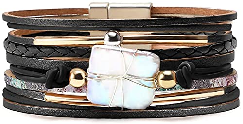 Fesciory Leather Wrap Bracelets for Women, Boho Leopard Multi-Layer Crystal Beads Cuff Bracelet Jewelry - color: Black Leather(Pearl)