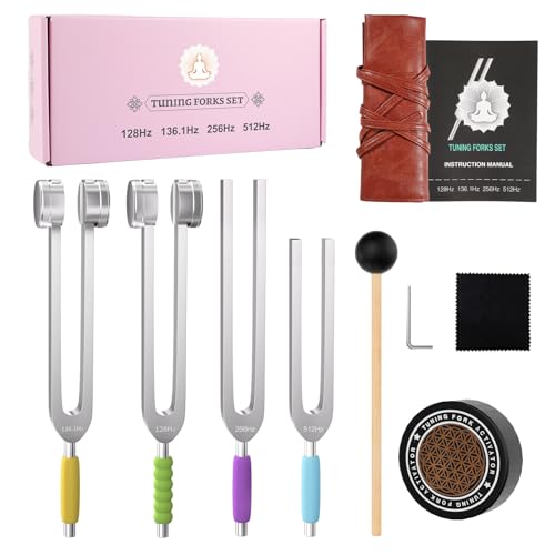 Tuning Forks for Healing Set, 128Hz, 136Hz, 256Hz, 512Hz Tuning Forks with Activator, Chakra Sound Therapy Music Tuning Instruments for Stress & Sleep/Yoga/Meditation with Anti-Slip Sponge & Pouch