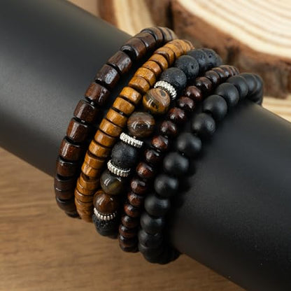 5-Piece Set Wooden Beaded Bracelets, Unisex, Rustic Bohemian Style,Vintage Fashion Jewelry Accessory, for Men and Women