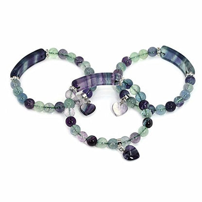 Justinstones Gem Semi Precious Gemstone Love Heart Charm Stretch Beaded Bracelet Unisex - color: Fluorite