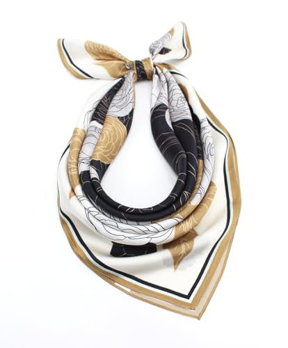 ANDANTINO 100% Pure Mulberry Silk Scarf 35" Large Square Lightweight Headscarf –Women’s Hair Wraps-With Gift Packed - color: Black&gold