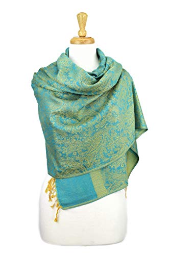 PASKMLNA Paisley Jacquard Pashmina Shawl Wrap Scarf Stole - color: Aqua Gold