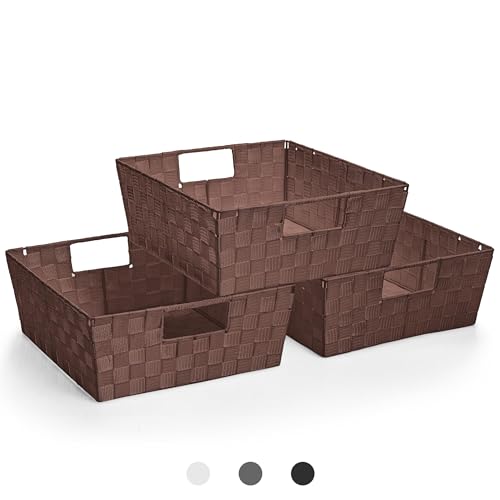 Sorbus Set of 3 Large Woven Storage Baskets – Mesh Hand-Woven Baskets for Organizing, Fabric Storage Bins for Linen Closet Organizer, Storage Baskets for Shelves and Home Organization (Chocolate)