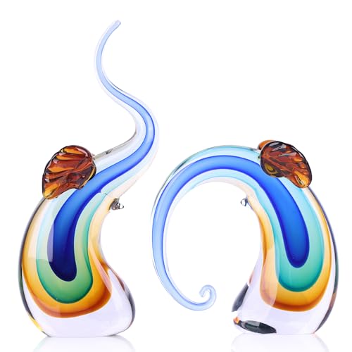 suruim Hand Blown Murano Glass Elephant Statues Set - Luxury Sculptures Home Decor for Living Room & Office Art Glass Ornament Animal Collectible (Blue)