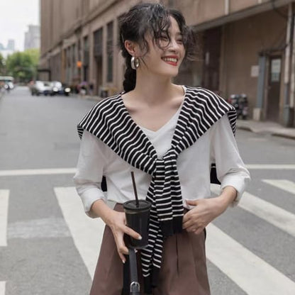 WaJuemy Sweater Shawl Wraps for Women Sweater Knitted Knotted Shawls Travel Casual Scarf Cape Shoulder Tops Fashion Wrap - color: Black/White