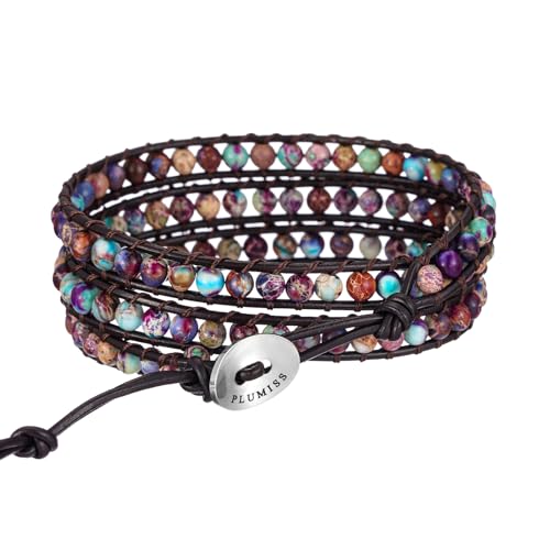Women Boho Handmade Natural Stone Crystal Leather Bead Wrap Bracelets Collection - style: 4mm Purple Blue Jasper