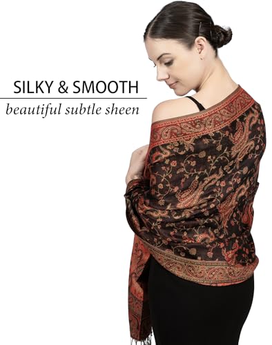 Achillea Reversible Paisley Pashmina Rave Scarf – Exotic Indian Shawls and Wraps for Evening Dresses, Festivals, All Seasons - color: Black Red