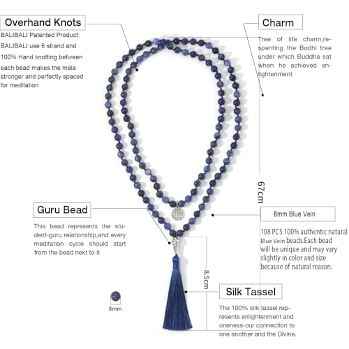 108 Mala Beads Necklace Semi-Precious Gem Stones Meditation Necklace 108 Hand Knotted Japa Mala Beaded Tassel Necklace with Tree of Life Pendant - color: Flower Blue-Veins
