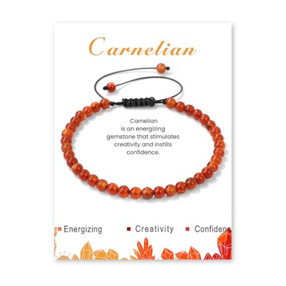 Crystal Bracelet for Women 4mm Adjustable Braided Natural Stone Bracelets Handmade Beaded Bracelets Gemstone Bracelet Healing Crystal Bracelet Crystal Jewelry for Women - style: carnelian
