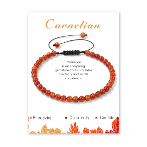Crystal Bracelet for Women 4mm Adjustable Braided Natural Stone Bracelets Handmade Beaded Bracelets Gemstone Bracelet Healing Crystal Bracelet Crystal Jewelry for Women - style: carnelian