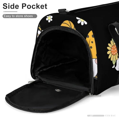 Sunflower Bee Cute Cartoon Gnome Black Large Capacity Portable Fitness Bag, Easy to Carry - color: Sunflower Bee Cute Cartoon Gnome Black