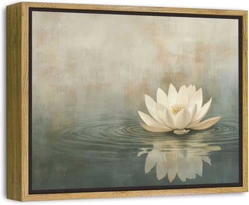 Framed Sage Green Japandi Canvas Wall Art Zen White Lotus Flowers Picture Wall Decor Japanese Wabi Sabi Poster Prints for Yoga Spa Meditation Spiritual Room Living Room Home Decoration 12x16in - color: Lotus Flowers, size: 16"L x 12"W