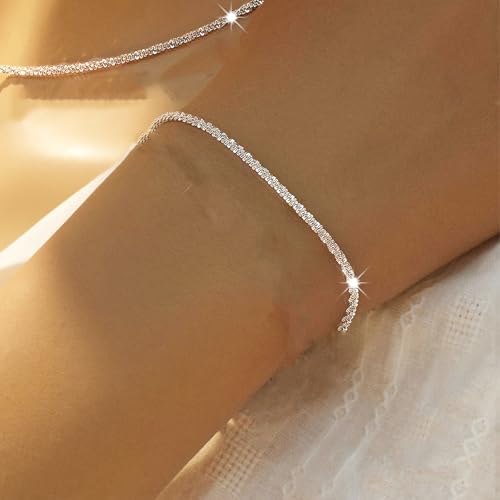QLKILYR Silver Link Bracelet for Women, 14K White Gold Plated Hypoallergenic Lightweight Cute Sparkle Chain Bracelet, Small Adjustable Shiny Simple Bracelet