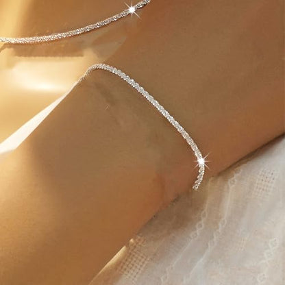 QLKILYR Silver Link Bracelet for Women, 14K White Gold Plated Hypoallergenic Lightweight Cute Sparkle Chain Bracelet, Small Adjustable Shiny Simple Bracelet